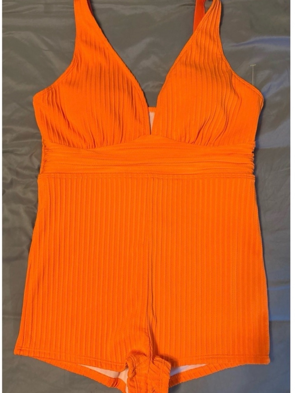 NEW Women's Neon Orange Textured One Piece Swim Romper Swimsuit, Large